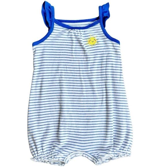 Carter’s Baby Girls Sleeveless Blue White Stripe Smiling Sun Romper. 9 Months. - Picture 1 of 7
